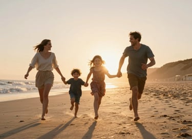 Photography of a family running along a soft sand beach at sunset in Portugal. The composition is dynamic and cinematic, with warm sun flares and authentic expressions of joy. Soft golden lighting and high contrast.