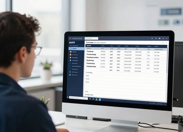 A focused student analyzing active DAT and Truckstop load boards on a large desktop monitor in a bright modern office, clean daylight