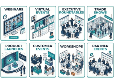 Illustration of event formats including webinars, trade shows, workshops, and roundtables.