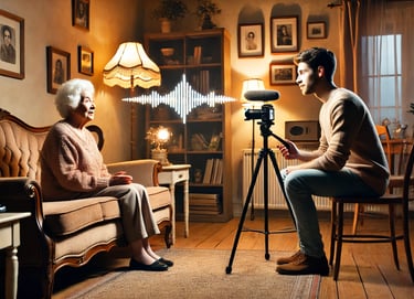 biographer using a video camera and AI Transcription to capture and stories from grandmother