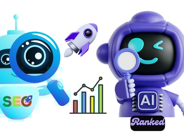 a robot toy with with SEO and another robot toy with AI Ranked