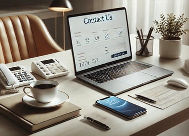 a laptop computer on a desk with a phone and a text Contact Us on the laptop screen