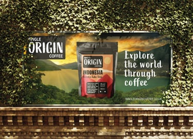 Single Origin Coffee billboard featuring bold branding and eye-catching typography.