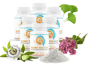 Sonic Solace ear health supplement bottles with herbal ingredients for hearing support.