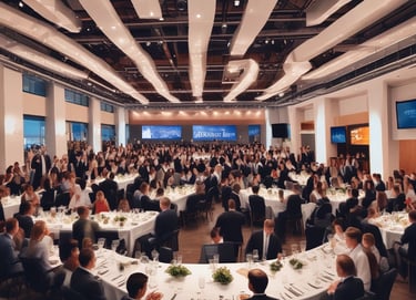 A vibrant scene from a corporate event, showcasing guests enjoying a networking session.