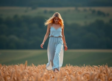 a woman in a blue jumpsuit walking through a field