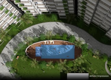 a swimming pool with a wooden deck and a wooden deck | Eternia Greater Noida West