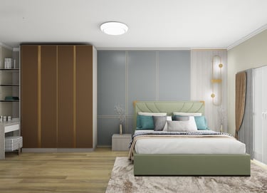 Modern master bedroom interior with a green upholstered bed, large brown wardrobe, and minimalist vanity set.