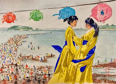original watercolor painting girls South Korea portrait lanterns seascape