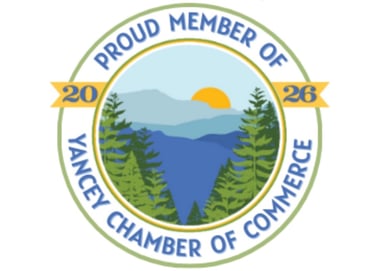 Yancey Chamber of Commerce 2026 Proud Member badge with Blue Ridge Mountain sunrise illustration
