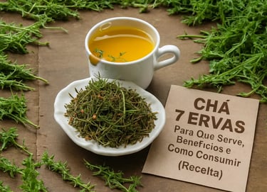 Xícara de chá 7 ervas amarelo ao lado de ervas secas e guia de benefícios e receitas.