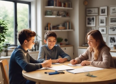 Mother and son drawing together at a table.