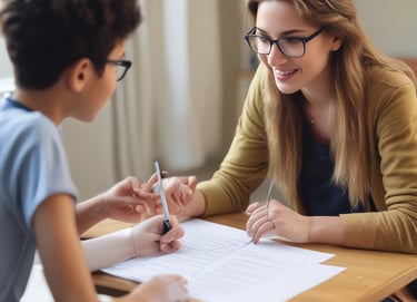 Mother and son drawing together at a table.