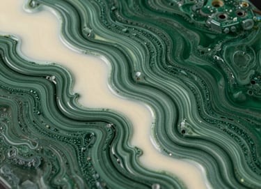 Detail shot of a resin artwork showing organic, flowing patterns of deep forest green and pristine cream, captured with high-end photography gear.