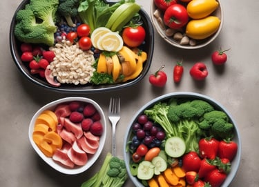 A friendly nutritionist consulting with a client over fresh vegetables and fruits.