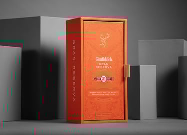 Product Photography of Glenfiddich Gran Reserva whisky packaging, styled with architectural shadows