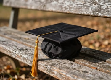 An artistic close-up photography of a graduation cap with a golden tassel resting on an old wooden bench. The background shows a blurry, sun-drenched North American autumn landscape in warm beige and dark brown tones.