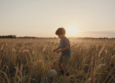 A cinematic shot of a young child playing in a field of tall grass in the North American / US countryside. The sun is setting, creating a warm flare and a palette of soft sand and warm brown.