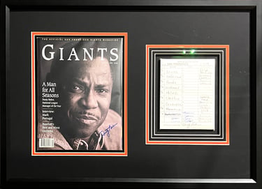 Framed Dusty Baker San Francisco Giants magazine cover and hand-written baseball lineup card memorabilia.