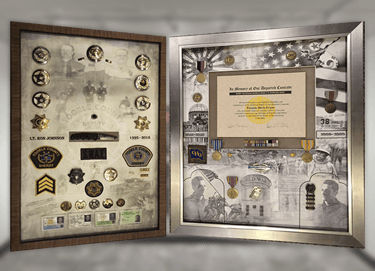 Two military and law enforcement shadow boxes displaying medals, badges, and memorial memorabilia.