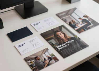 A top-down view of high-quality printed marketing materials, including embossed business cards and brochures, laid out on a clean Professional Off-white desk in an International / Western creative agency.