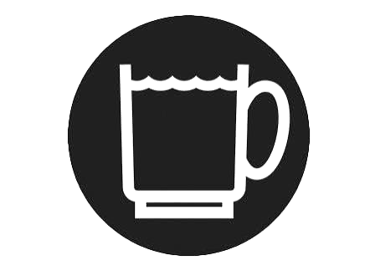 Minimalist line art icon of a full coffee mug or water cup inside a circle.
