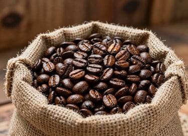 A rustic burlap sack filled with freshly roasted, dark brown coffee beans. The beans have a slight oily sheen reflecting warm light. The setting is a traditional South American finca, with earthy wood textures in the background.
