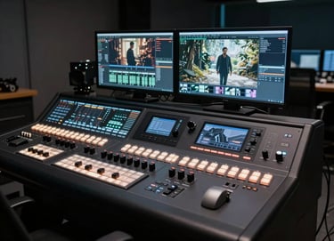 A focused shot of a professional film editing console in a dark room, glowing control panels and dual monitors showing cinematic scenes, professional studio environment in the United States.