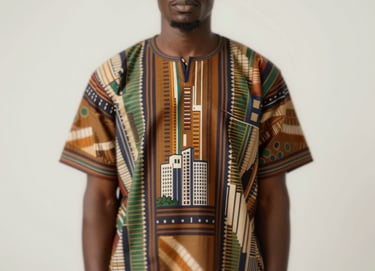 An abstract shot of a traditional Nigerian textile pattern blended with modern urban architecture, representing the Nigerian-American fusion, featuring #3D2C20 and #F5F5EB.