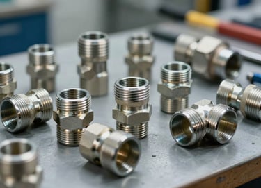 Close-up straight-on shot of imported steel pipe fittings, elbow joints, and plumbing hardware arranged on a workshop bench under bright studio lighting, metal surfaces reflecting crisp detail