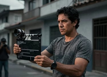 A man acting on a film set in a South American / Colombian urban location. Dramatic lighting, dark slate grey tones, cinematic composition.