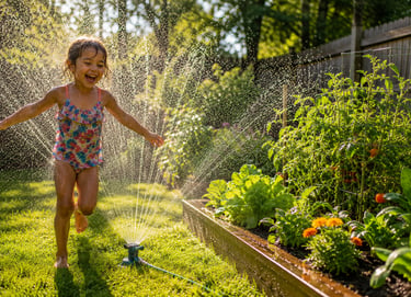 A child running through the sprinkler while it is watering the garden.