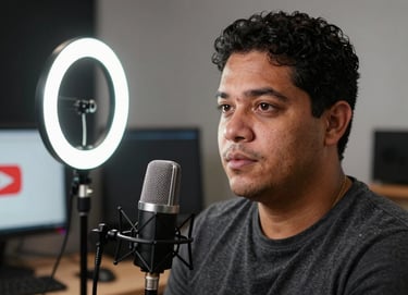 Action shot of a South American / Brazilian man in a professional YouTube studio setting, ring light reflection in his eyes, high-tech microphones and monitors in the blurred background, professional and engaging atmosphere.