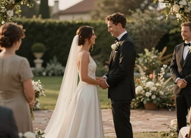 A candid, elegant shot of a couple during a wedding ceremony in a North American / European garden. The lighting is golden and soft, with the bride's dress appearing in pure off-white against earthy taupe surroundings.
