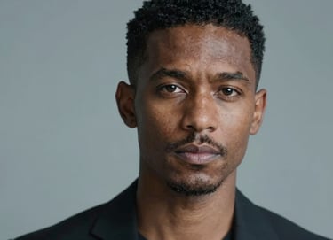 Close-up portrait of a diverse and authentic actor looking confidently at the lens. High-fashion lighting, soft shadows, and a sophisticated vibe that reflects the agency's artistic elegance. Hints of #74A8AE in the background lighting.