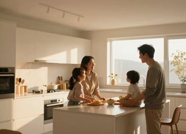 A cinematic, authentic photo of a young family interacting in a bright, open-plan kitchen designed with clean architectural lines. The lighting is warm and golden, highlighting a connection between the people and the space.