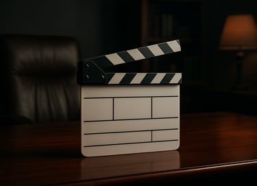 A professional film slate resting on a mahogany desk in a dimly lit studio office, cinematic lighting casting soft shadows, North American / International executive setting.