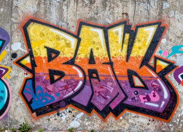 Close-up of a local artist spray painting a bold graffiti piece on a raw concrete wall in bright daylight, vibrant colors, 35mm lens.
