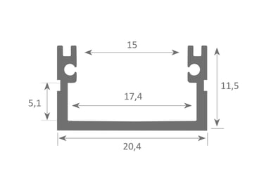 Esquema técnico Perfil SIRIUS: dimensiones 20,4x11,5mm y canal interno.