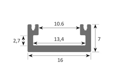 Plano técnico Perfil IZAR: dimensiones 16x7mm y canal interno de 13,4mm.