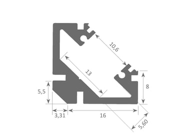 Esquema técnico Perfil LYRA: perfil angular de 16x16 mm para instalaciones.