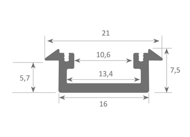 Esquema técnico Perfil VEGA: perfil empotrable de 7,5 mm y base plana.