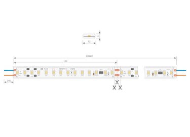 Esquema técnico 230V: dimensiones de 12x4 mm y hasta 100 metros de longitud.