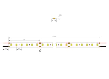 Perfiled | Esquema técnico Tira LED 24V: corte cada 50 mm y ancho de PCB de 8 mm.
