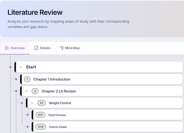 A digital literature review dashboard showing organized academic research chapters and subtopics for mapping study variables.