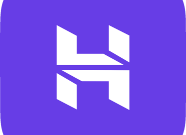 a purple square logo with the letter h on it