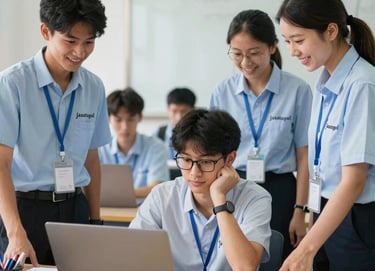 A student happily placing an order for assignment help on a laptop