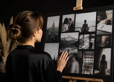 A woman creates a visual mood board of black and white photography on a wooden easel for creative inspiration.