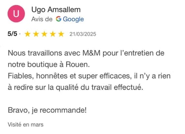 Avis google 5 étoiles clients m&m services pro nettoyage et vitres rouen 