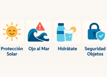 Infografía con cuatro iconos de seguridad en la playa en verano